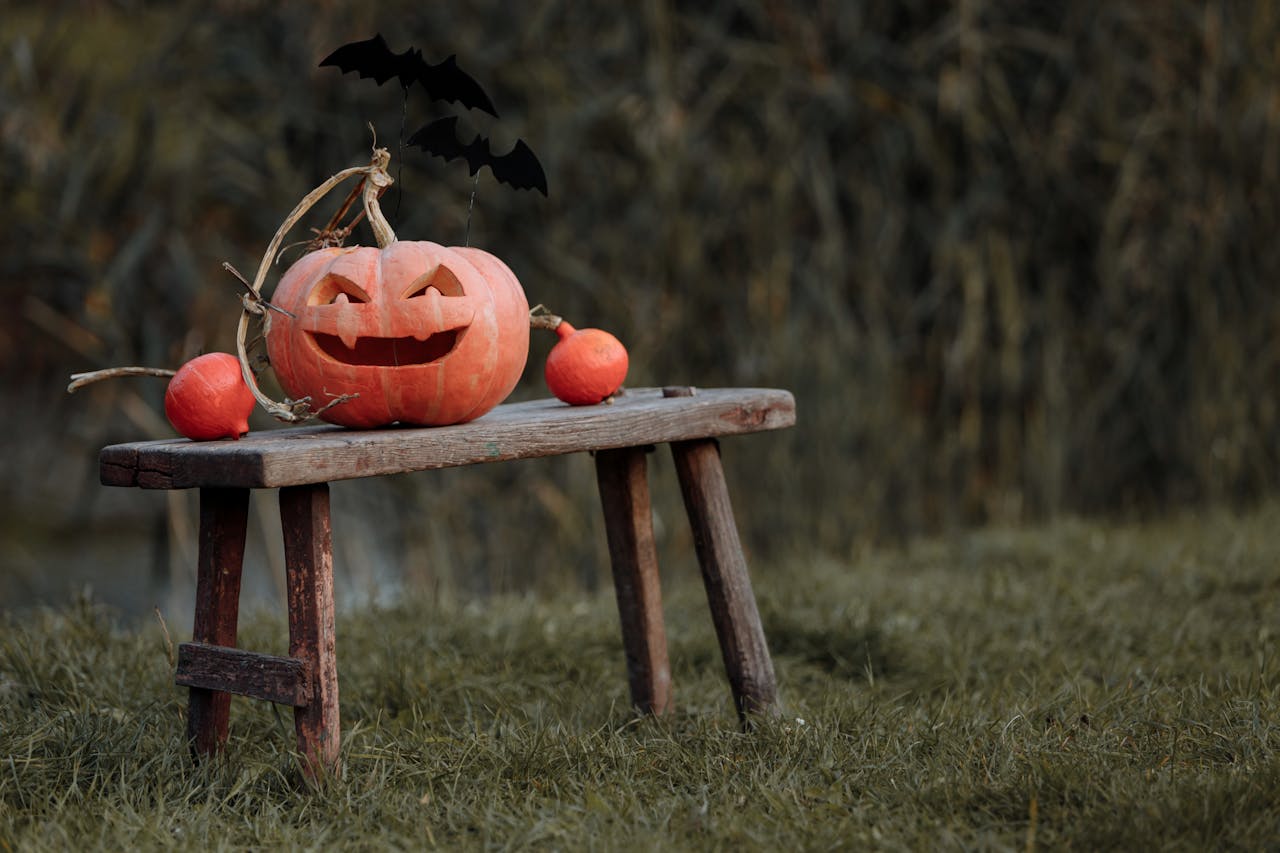 https://www.pexels.com/photo/jack-o-lantern-on-a-wooden-bench-5415708/ Photo by Thirdman on Pexels