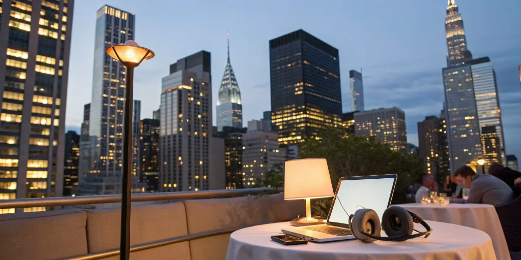 Rooftop event setup with a laptop used for event marketing ideas to promote and publicize.