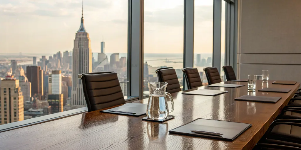 A modern conference room set for a successful event, one of the advantages of public relations in management.