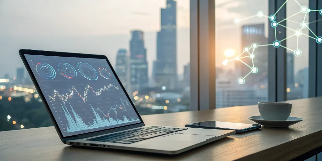 Laptop screen with a digital dashboard tracking the success of an event promotion.