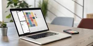 Event marketing brochure design in progress on a laptop screen next to a smartphone.