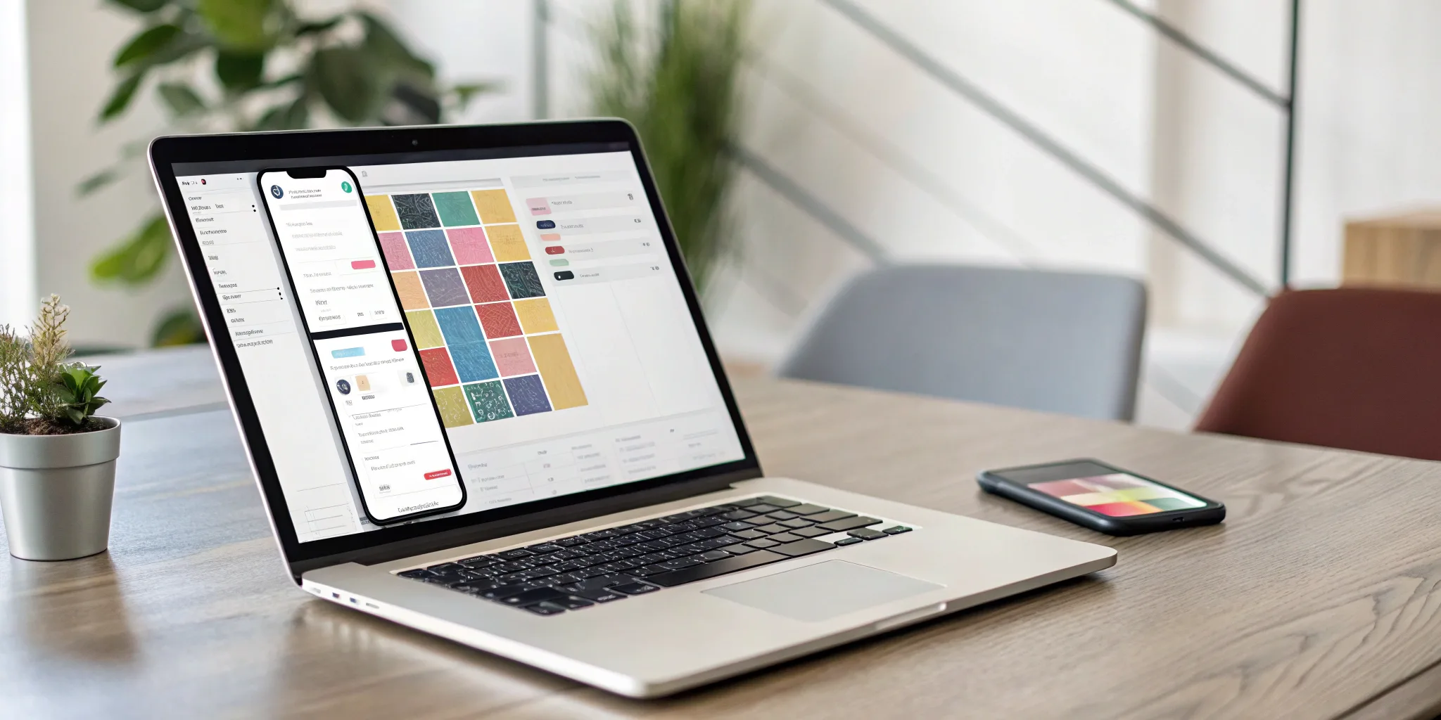 Event marketing brochure design in progress on a laptop screen next to a smartphone.
