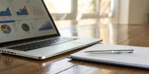 Analyzing data on a laptop to get qualified leads at a trade show.