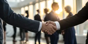Two professionals shaking hands, a key tip on how to network at a conference.