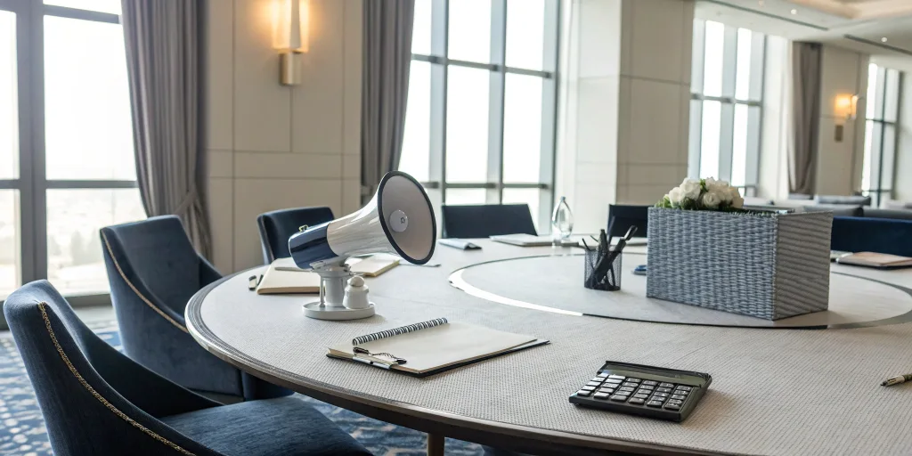Conference table set for planning the 5 P's of event marketing with notes, a calculator, and a megaphone.