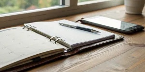 A planner, pen, and smartphone on a desk for creating an event marketing list.