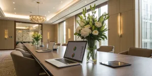 A meeting in a conference room to plan how to market a business at an event.