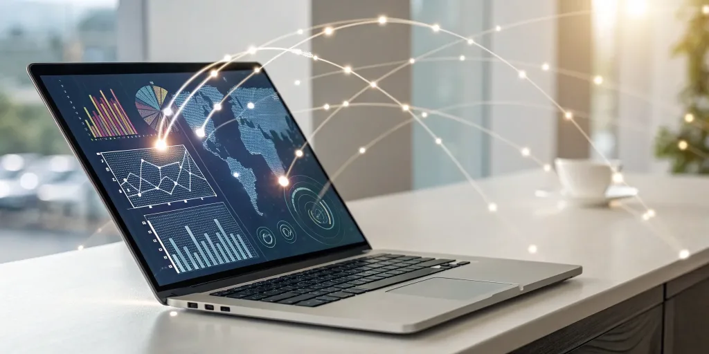 Laptop with analytics charts showing the benefits of electronic marketing for an event.