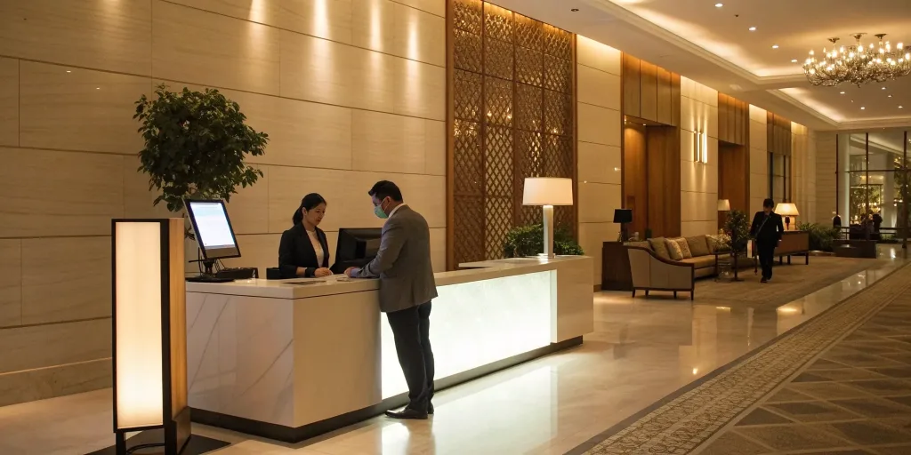 Modern hotel front desk using e-marketing to improve the guest experience in the hospitality industry.