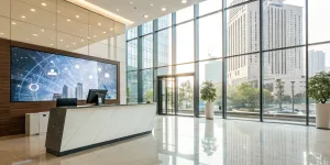 A digital display in a modern hotel lobby shows how web marketing affects the hospitality industry.