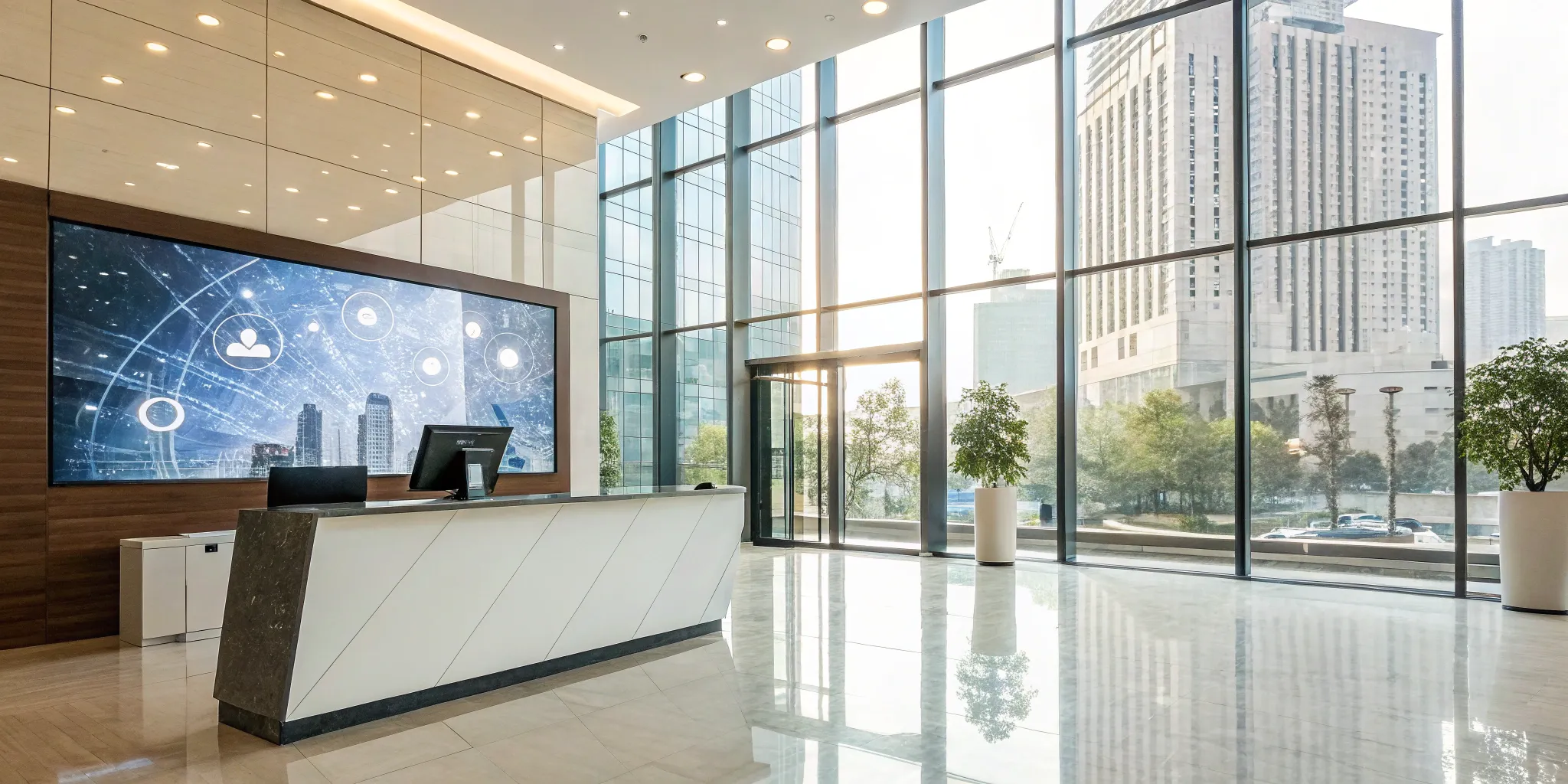 A digital display in a modern hotel lobby shows how web marketing affects the hospitality industry.