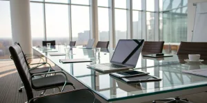 Planning an event management business model canvas in a modern conference room.