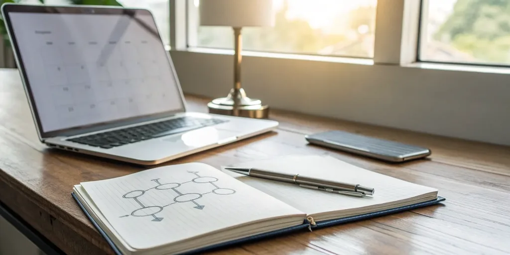 Creating a marketing plan for an event with a laptop, notebook, and flowchart on a desk.