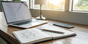 Creating a marketing plan for an event with a laptop, notebook, and flowchart on a desk.