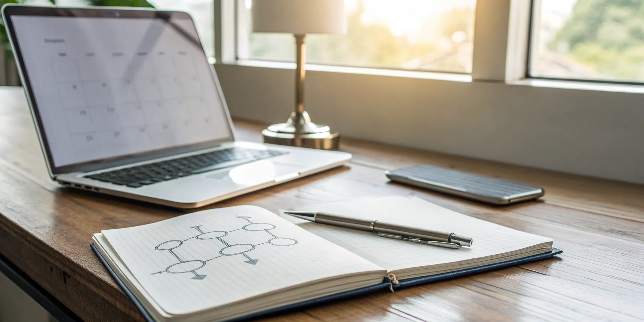 Creating a marketing plan for an event with a laptop, notebook, and flowchart on a desk.