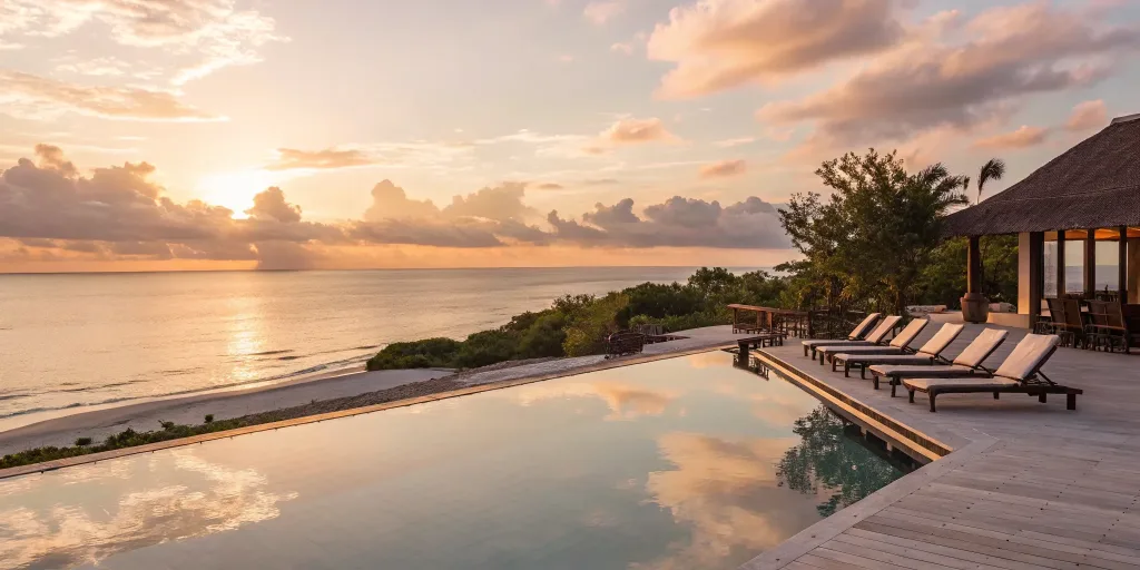 Luxury resort pool at sunset, the result of solving marketing issues in tourism and hospitality.
