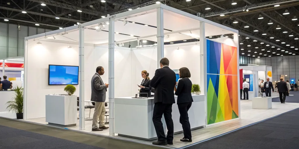 Business team at a marketing conference booth discussing the benefits of exhibiting.