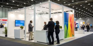 Business team at a marketing conference booth discussing the benefits of exhibiting.