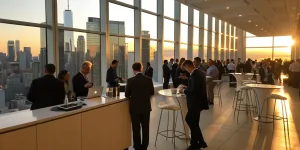 Professionals making connections at a creative B2B event focused on engagement and results.