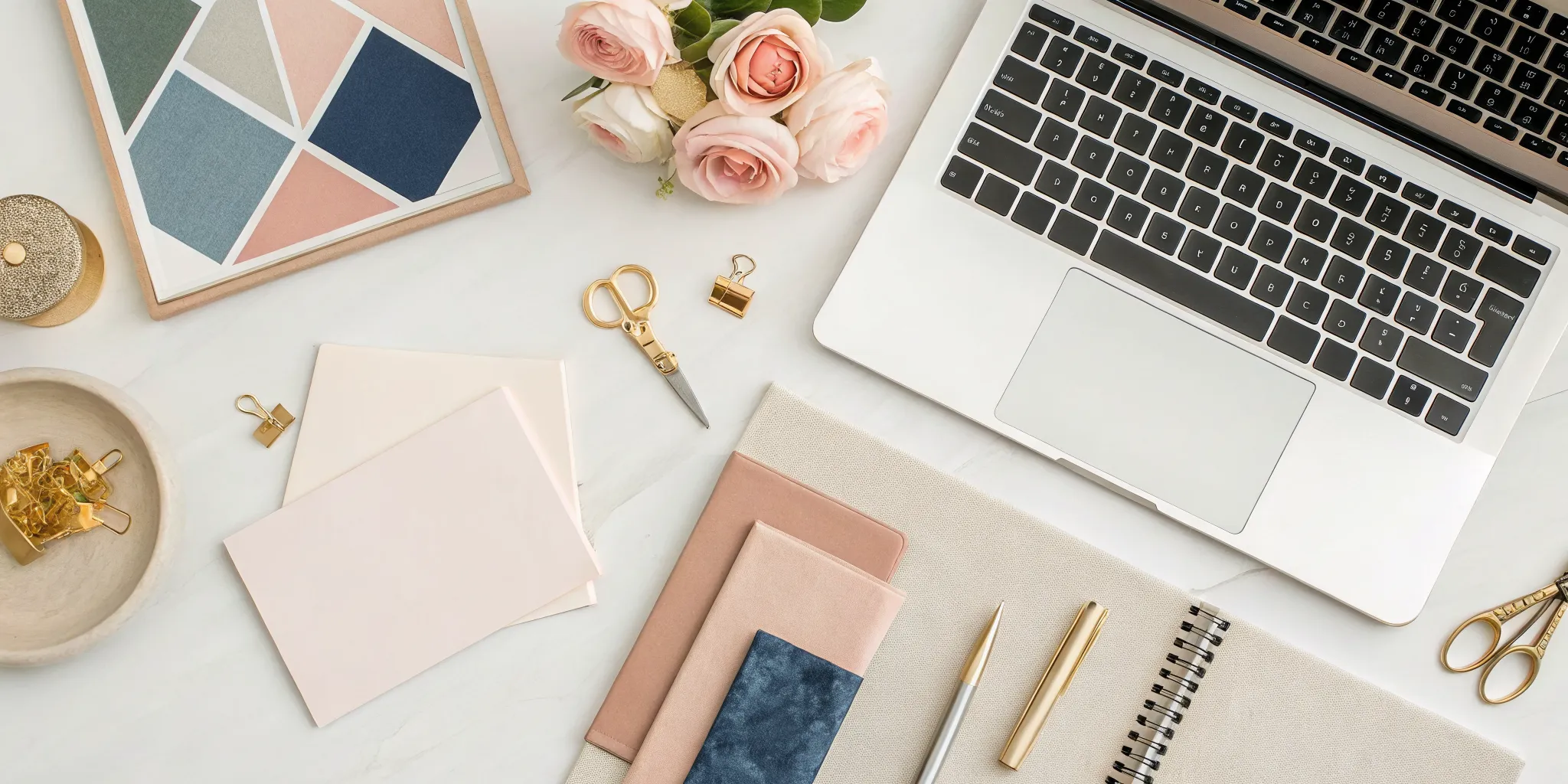 An event planner's desk while brainstorming company tagline examples.