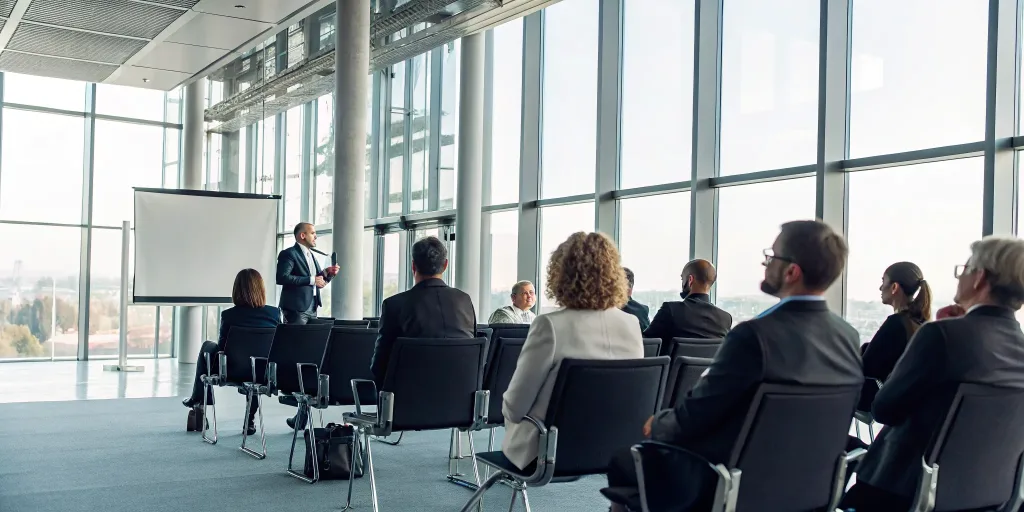 Corporate meeting professionals networking at an industry conference.