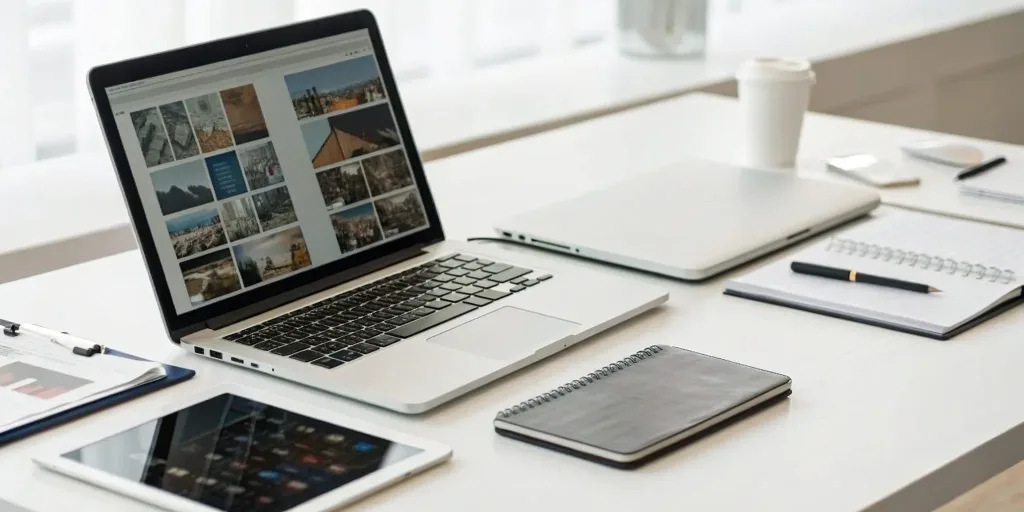 A desk organized for advertising planning, using a laptop to research and select marketing tools.