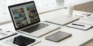A desk organized for advertising planning, using a laptop to research and select marketing tools.