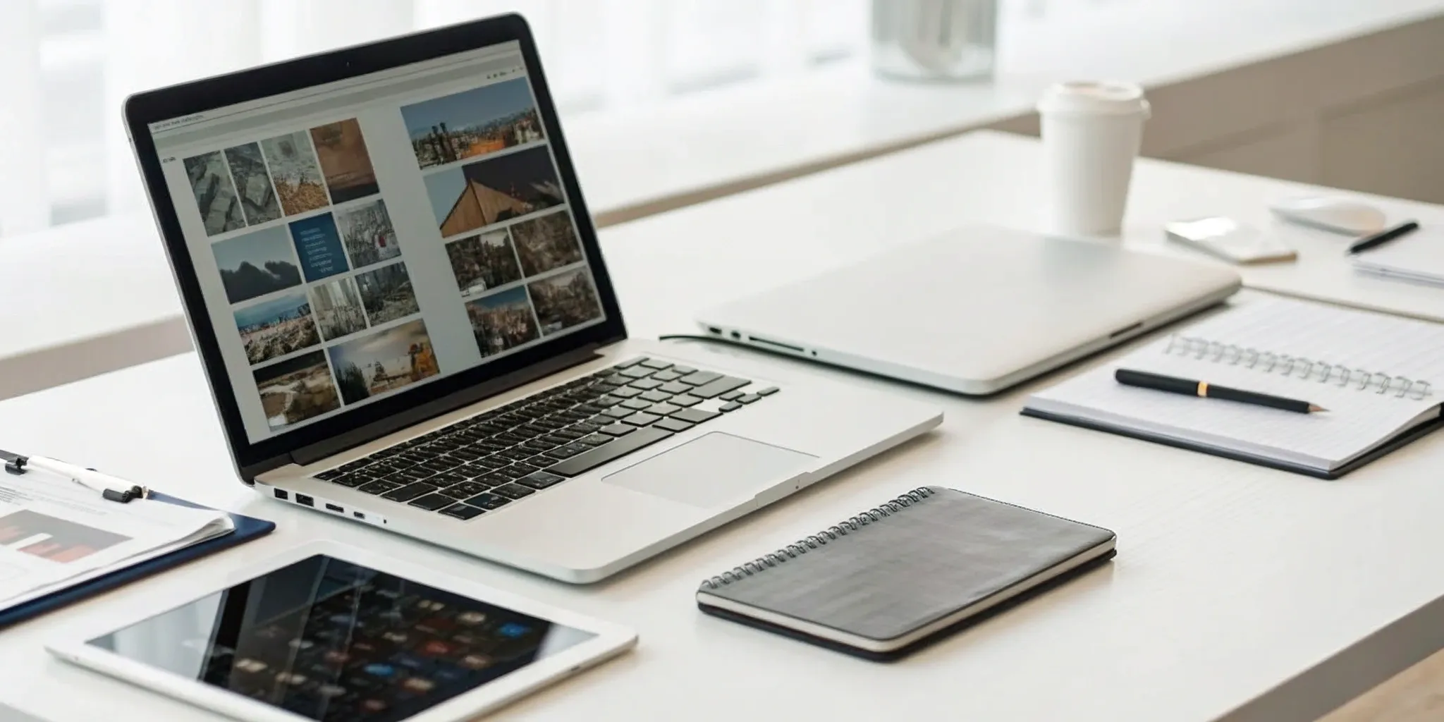 A desk organized for advertising planning, using a laptop to research and select marketing tools.