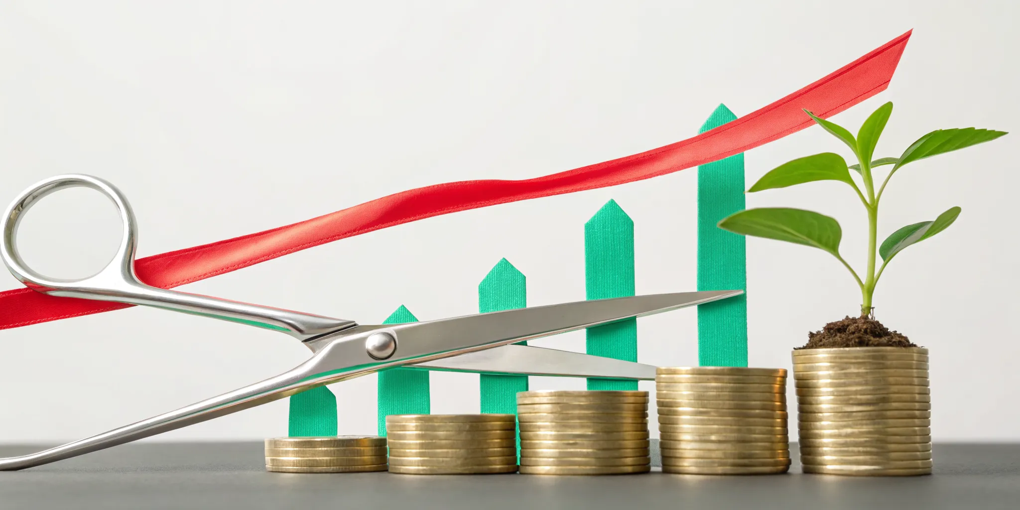Scissors cutting a ribbon over coins and a growth chart for marketing cost cutting ideas.