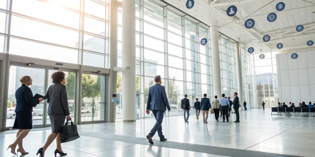 Professionals networking at a busy event, a result of marketing strategies to increase attendance.