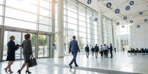 Professionals networking at a busy event, a result of marketing strategies to increase attendance.