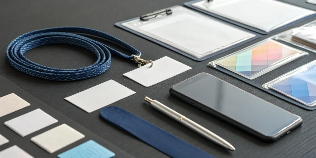 Event management conference tickets and name badges on a table, ready for networking.