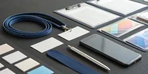 Event management conference tickets and name badges on a table, ready for networking.