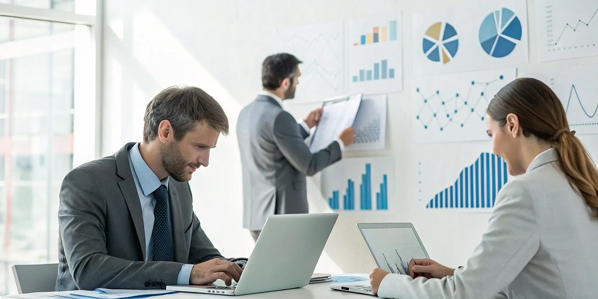 Exhibitors completing the online registration for a B2B marketing expo on a laptop.