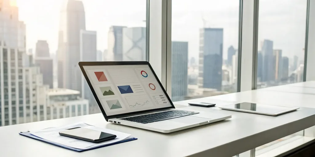 A corporate event newsletter's analytics displayed on a laptop screen in an office.