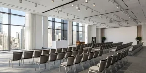 Conference hall prepared for a corporate sponsorship event in New York City.