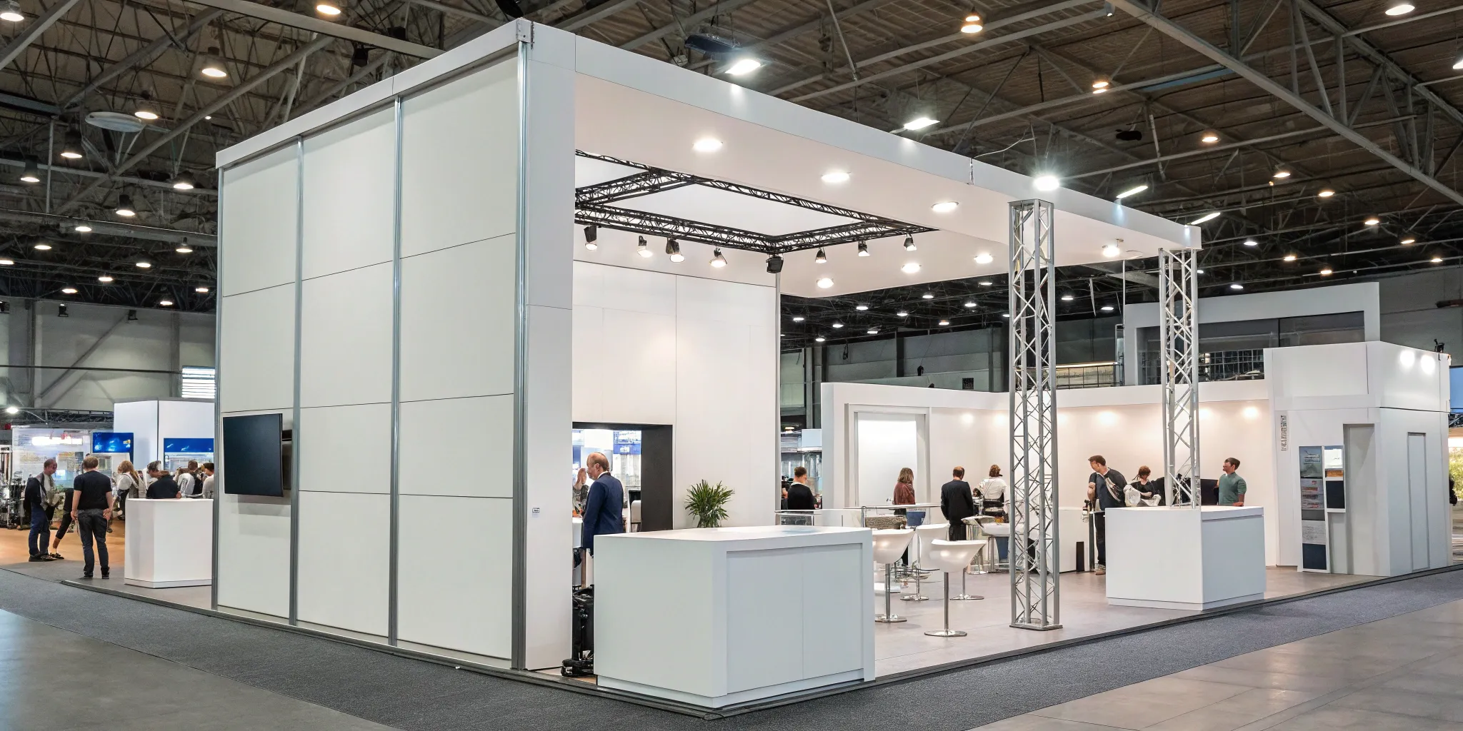 Creative vendor booth idea with an open layout and modern lighting to attract customers.