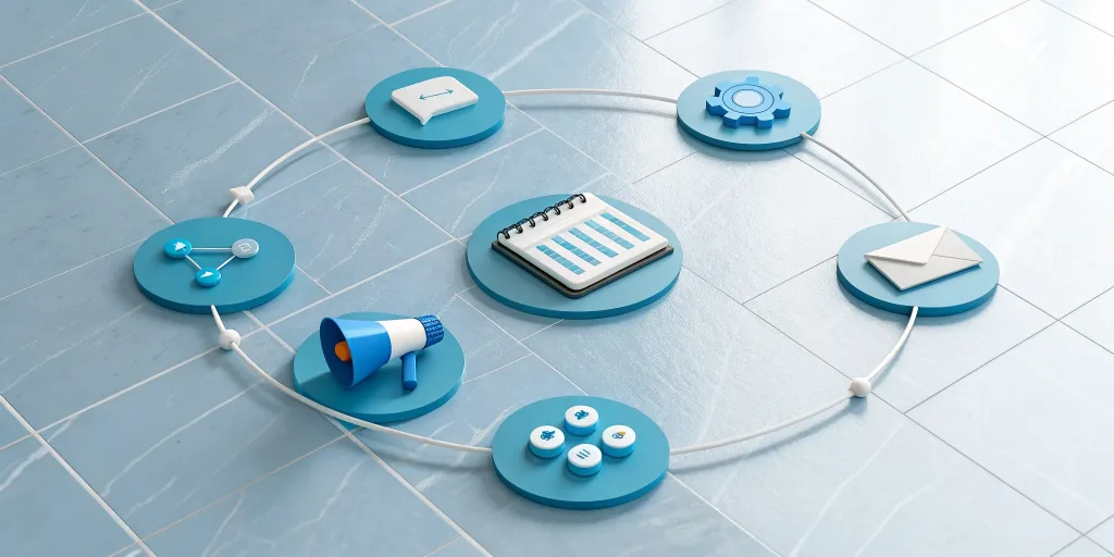 An event marketing workflow with icons for the stages of planning, promotion, execution, and analysis.