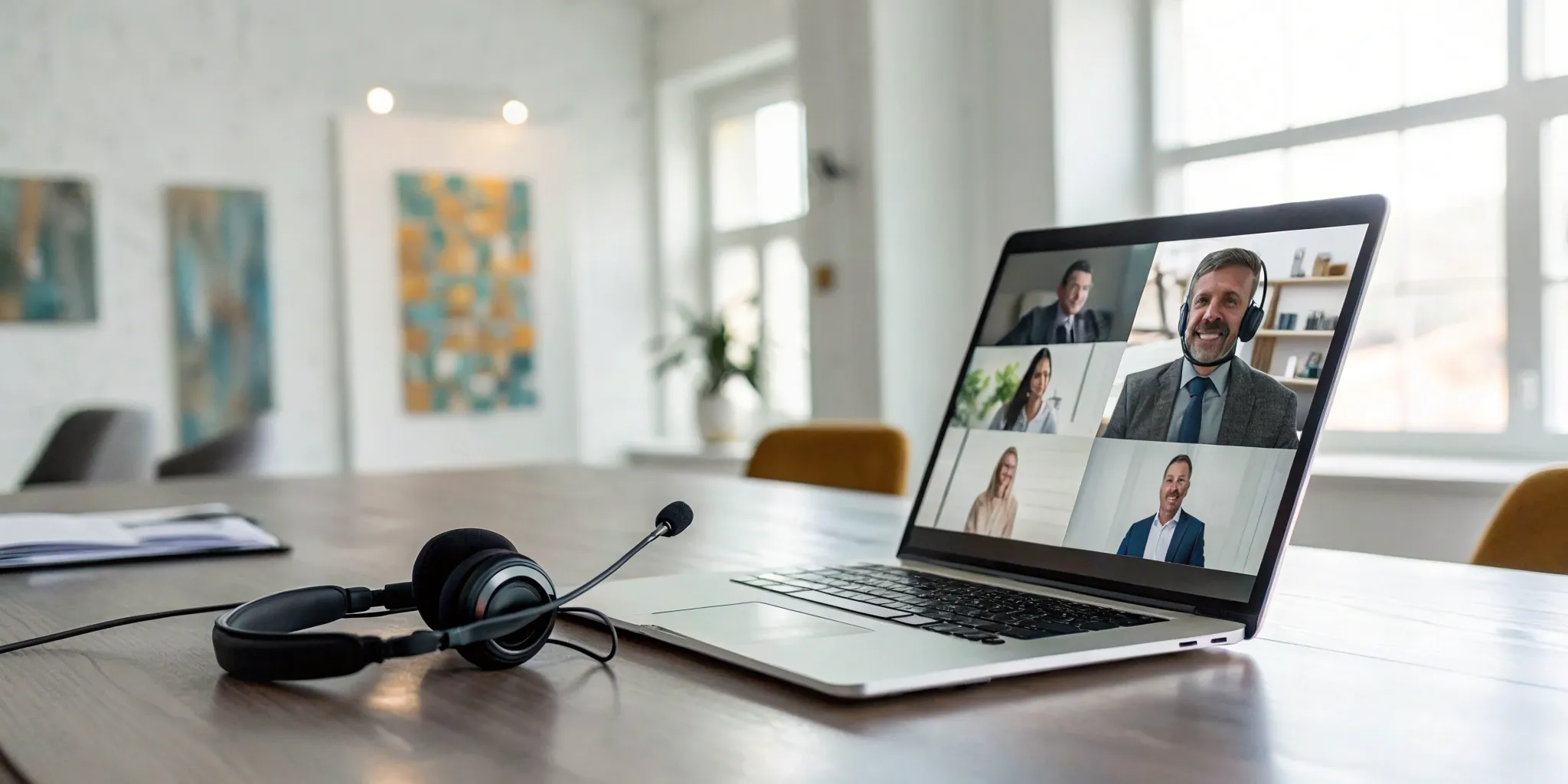 A person on a virtual conference call, considering how to become a sponsor for the event.