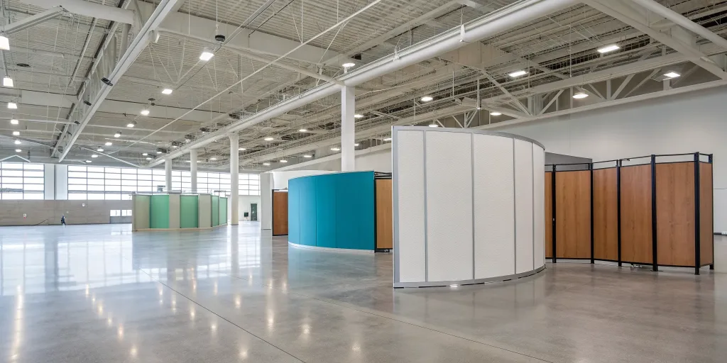 Modern trade show backgrounds featuring clean branding on modular display systems.