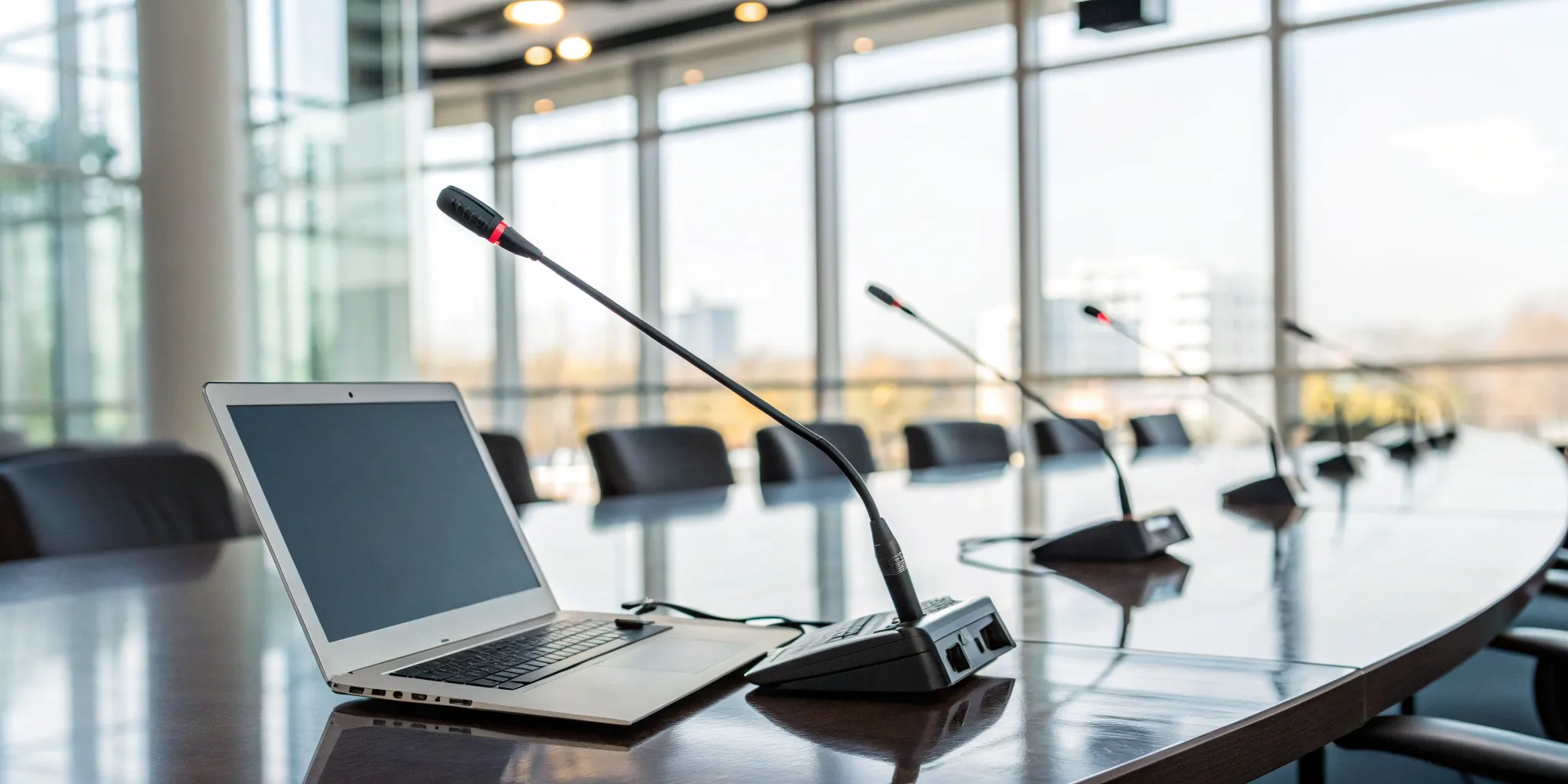 A conference setup with microphones and a laptop for a discussion on the essential role of PR in event management.