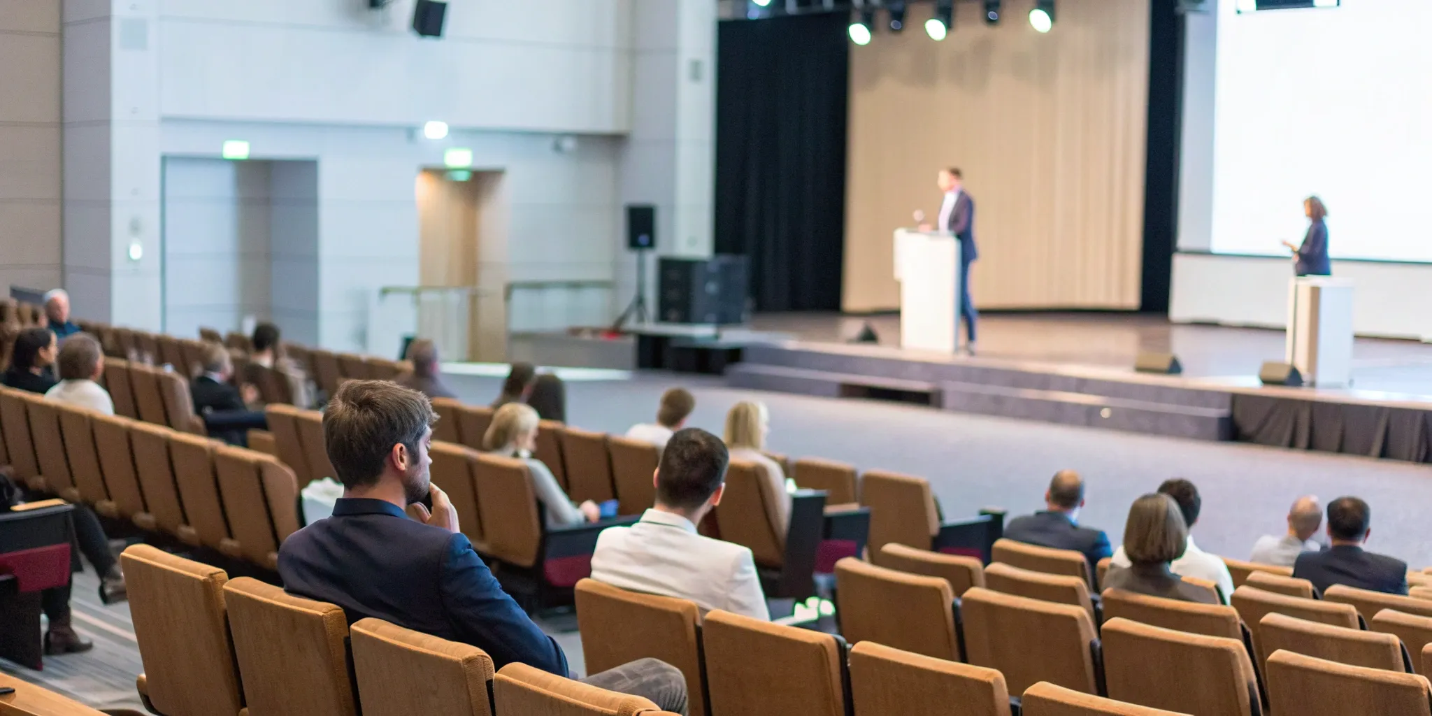 Event professionals at a B2B marketing summit listen to a speaker on stage.