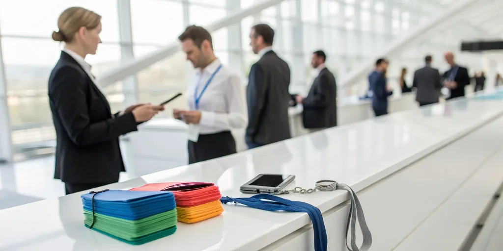 Event managers checking in attendees with conference tickets at a registration desk.