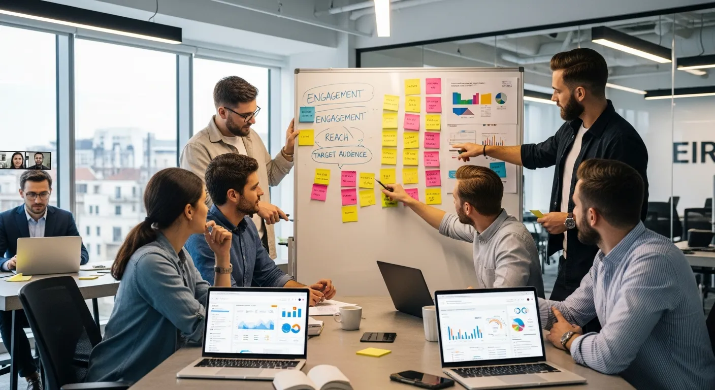Event marketing team planning social media promotion strategies on a whiteboard for an upcoming conference