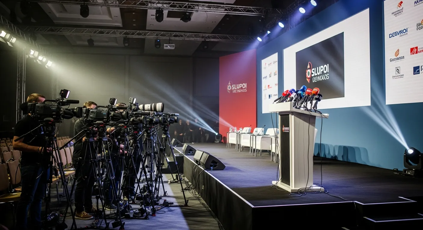 Press conference setup with cameras and microphones for PR and media outreach to promote an event