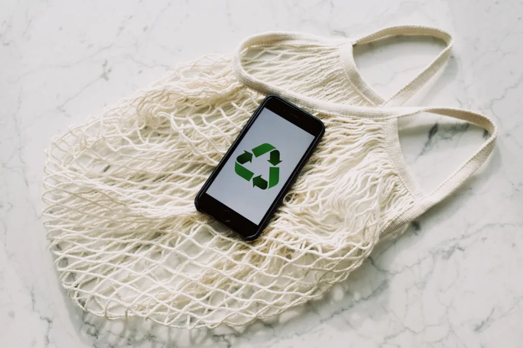 Photo by ready made: https://www.pexels.com/photo/mobile-phone-with-green-recycling-sign-and-mesh-bag-3850512/ 