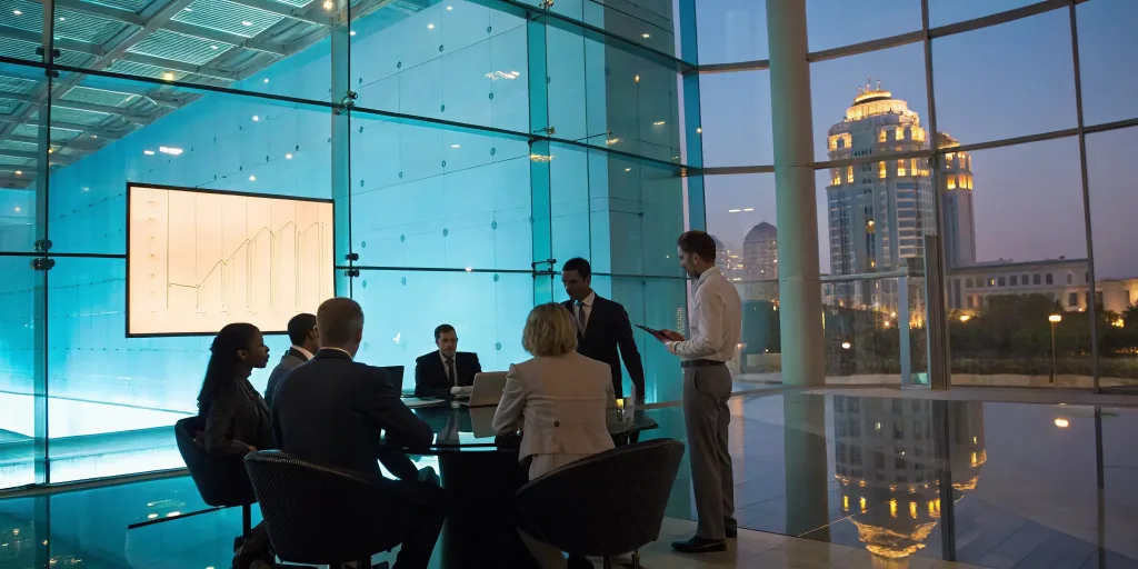 Marketing team solving hospitality industry challenges by analyzing a growth chart.