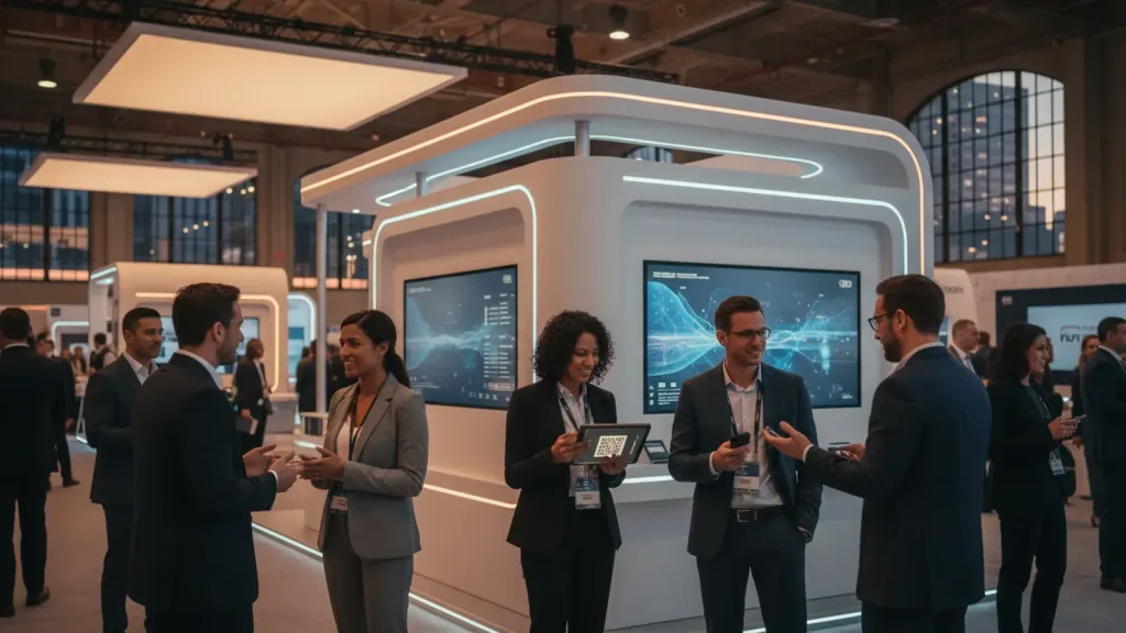 Exhibitors using QR codes and tablets for event lead capture at a professional expo