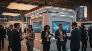Exhibitors using QR codes and tablets for event lead capture at a professional expo