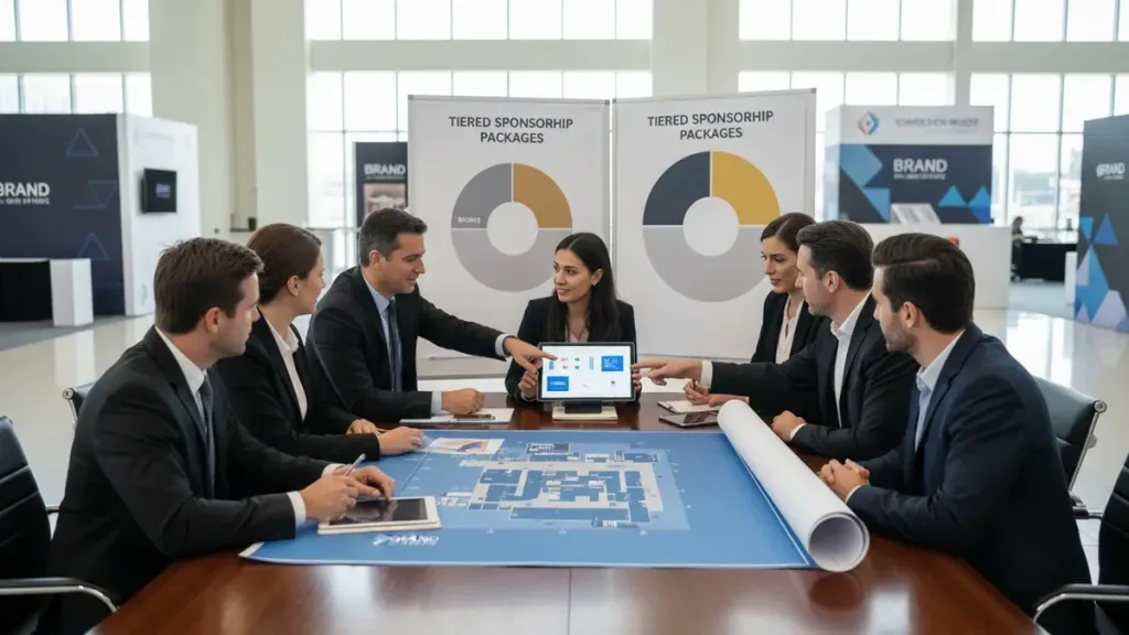 Event planners reviewing an event sponsorship strategy for an expo